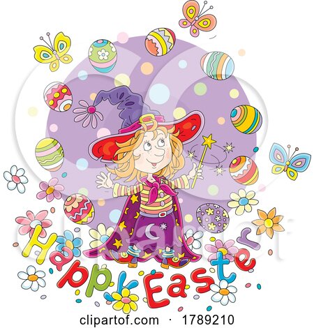 Cartoon Happy Easter Greeting and Witch Girl by Alex Bannykh