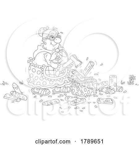 Cartoon Senior Lady Chopping Firewood by Alex Bannykh