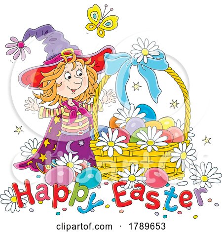 Cartoon Happy Easter Greeting and Witch by Alex Bannykh