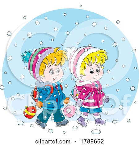 Cartoon School Children Walking in the Snow by Alex Bannykh