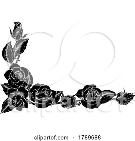 Roses Woodcut Vintage Style Flower Corner Design by AtStockIllustration