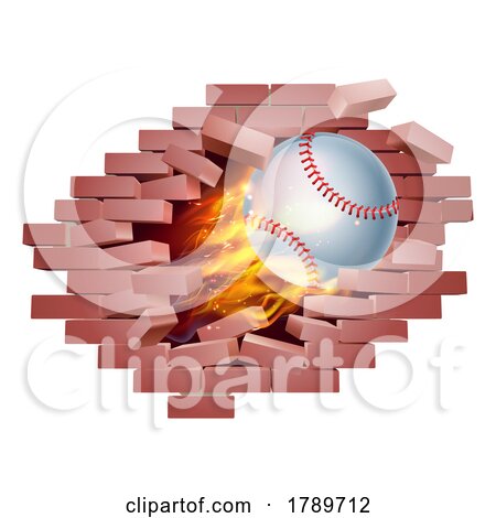 Baseball Ball Flame Fire Breaking Brick Wall by AtStockIllustration