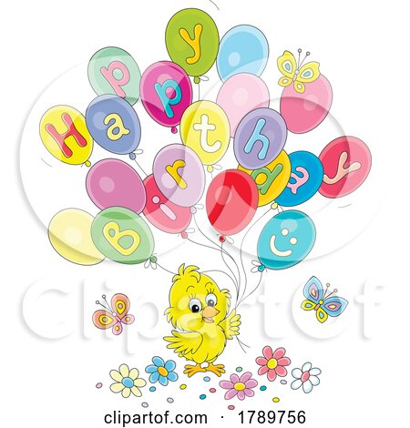 Cartoon Chick with Happy Birthday Party Balloons by Alex Bannykh
