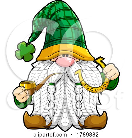 Cartoon St Patricks Day Leprechaun Gnome Smoking a Pipe and Holding a Horseshoe by Hit Toon