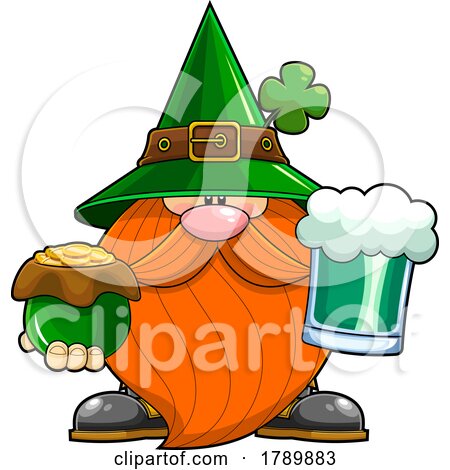 Cartoon St Patricks Day Leprechaun Gnome Holding a Beer and Pot of Gold by Hit Toon