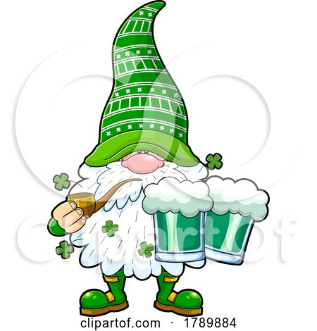 Cartoon St Patricks Day Leprechaun Gnome Holding Beer and Smoking a Pipe by Hit Toon