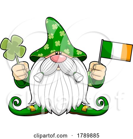 Cartoon St Patricks Day Leprechaun Gnome Holding a Shamrock and Flag by Hit Toon