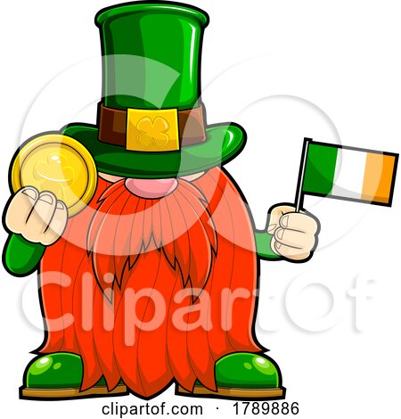 Cartoon St Patricks Day Leprechaun Gnome Holding a Coin and Irish Flag by Hit Toon