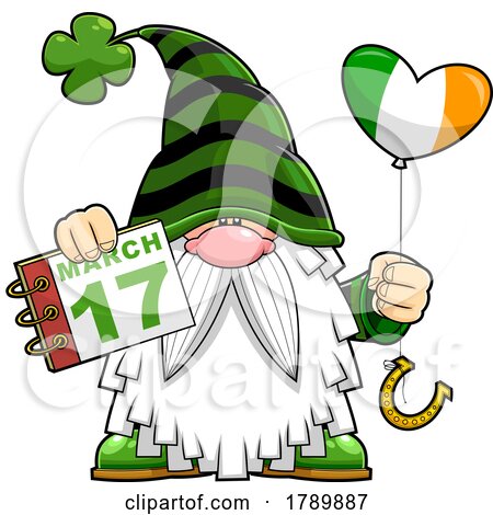 Cartoon St Patricks Day Leprechaun Gnome Holding Calendar and Balloon by Hit Toon