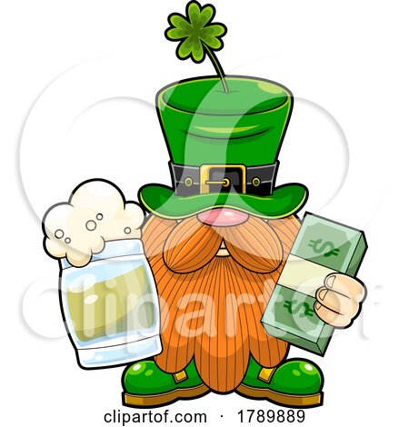 Cartoon St Patricks Day Leprechaun Gnome Holding Beer and Money by Hit Toon