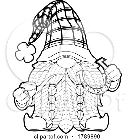 Cartoon Black and White St Patricks Day Leprechaun Gnome Smoking a Pipe and Holding a Horseshoe by Hit Toon