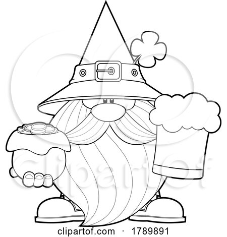 Cartoon Black and White St Patricks Day Leprechaun Gnome Holding a Beer and Pot of Gold by Hit Toon