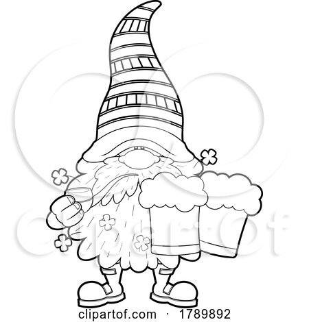Cartoon Black and White St Patricks Day Leprechaun Gnome Holding Beer and Smoking a Pipe by Hit Toon