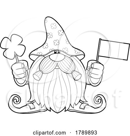 Cartoon Black and White St Patricks Day Leprechaun Gnome Holding a Shamrock and Flag by Hit Toon