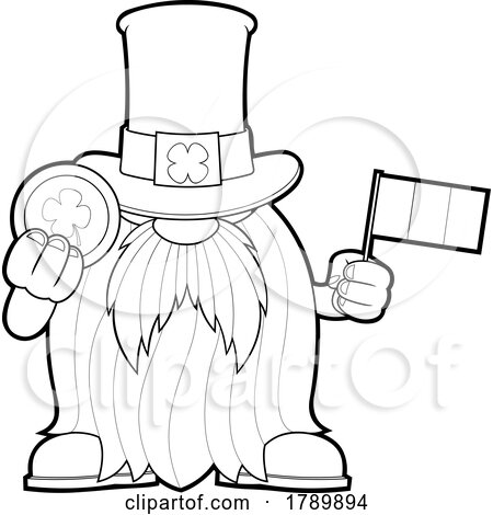 Cartoon Black and White St Patricks Day Leprechaun Gnome Holding a Coin and Irish Flag by Hit Toon
