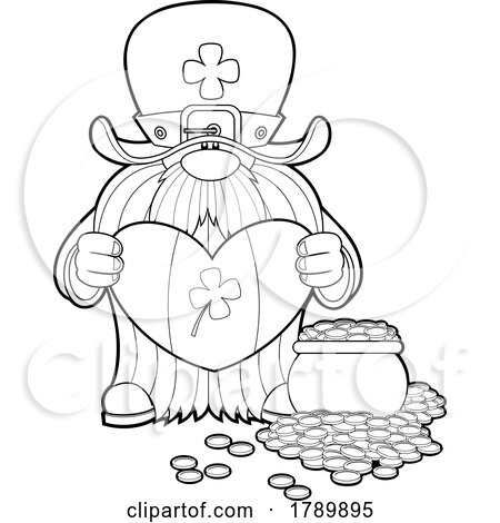 Cartoon Black and White St Patricks Day Leprechaun Gnome Holding Flag Heart by Gold by Hit Toon