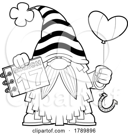 Cartoon Black and White St Patricks Day Leprechaun Gnome Holding Calendar and Balloon by Hit Toon