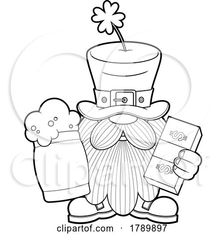 Cartoon Black and White St Patricks Day Leprechaun Gnome Holding Beer and Money by Hit Toon
