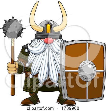 Cartoon Gnome Viking with a Shield and Mace by Hit Toon