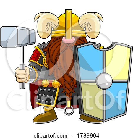 Cartoon Gnome Viking with a Shield and Hammer by Hit Toon