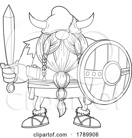 Cartoon Black and White Gnome Viking with a Shield and Sword by Hit Toon
