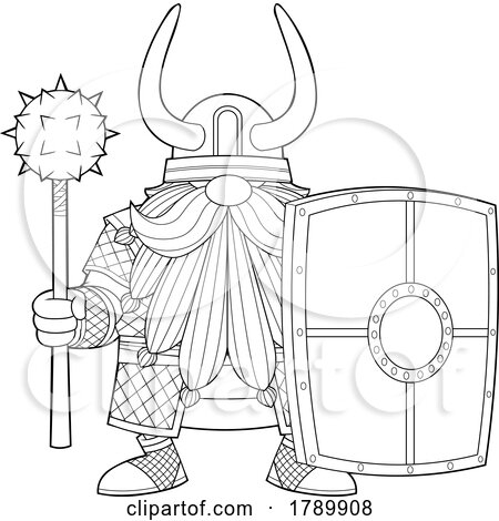 Cartoon Black and White Gnome Viking with a Shield and Mace by Hit Toon