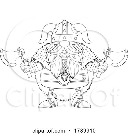 Cartoon Black and White Gnome Viking Holding Battle Axes by Hit Toon