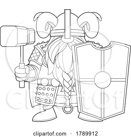 Cartoon Black and White Gnome Viking with a Shield and Hammer by Hit Toon