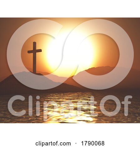 3D Good Friday Background with Cross in Sunset Sea Landscape by KJ Pargeter
