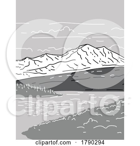 Denali National Park and Preserve or Mount McKinley Alaska Monoline Line Art Grayscale Drawing by patrimonio