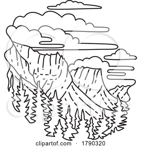 Glacier National Park in the Rocky Mountains in Montana Monoline Line Art Drawing by patrimonio