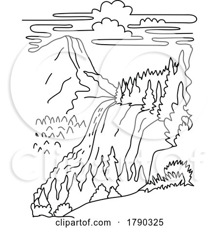Nevada Fall with Liberty Cap Yosemite National Park California Monoline Line Art Drawing by patrimonio
