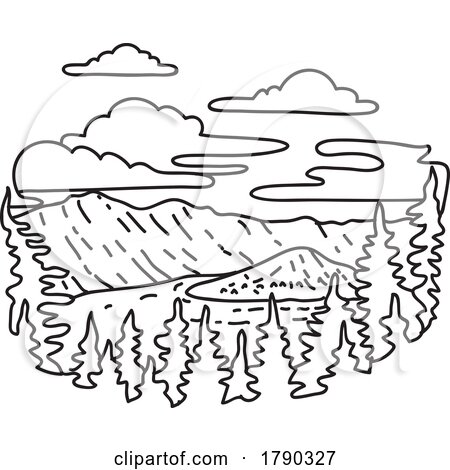 Crater Lake National Park in Southern Oregon Monoline Line Art Drawing by patrimonio