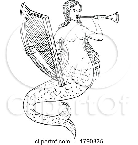 Mermaid like Siren Playing Harp and Horn Flute Medieval Style Line Art Drawing by patrimonio