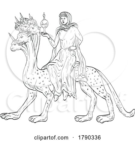 Babylon the Great or Mother of Harlots in the Book of Revelation Medieval Style Line Art Drawing by patrimonio