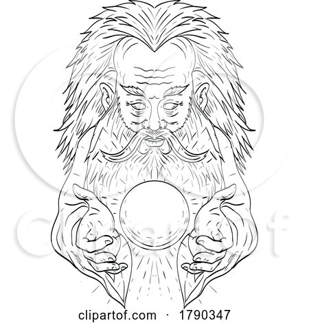 Mystic Man with Crystal Ball Medieval Style Line Art Drawing by patrimonio