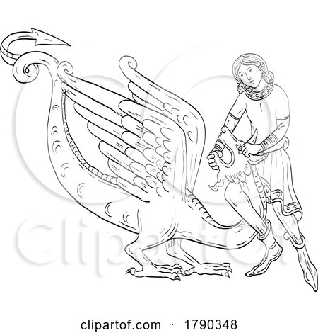 Saint George Fighting the Dragon Medieval Style Line Art Drawing by patrimonio