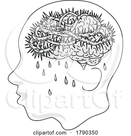 Man with Depression Brain with Crown of Thorns Medieval Style Line Art Drawing by patrimonio
