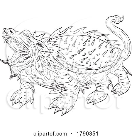 Tarasque Dragon Medieval Style Line Art Drawing by patrimonio
