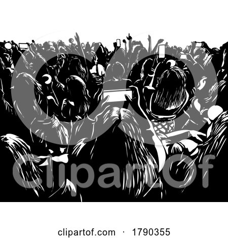 Crowd of Young People with Cellphone at a Live Concert Woodcut Style by patrimonio