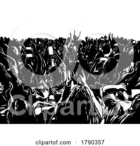 Crowd of People Watching a Concert Holding Mobile Phones Woodcut Black and White by patrimonio
