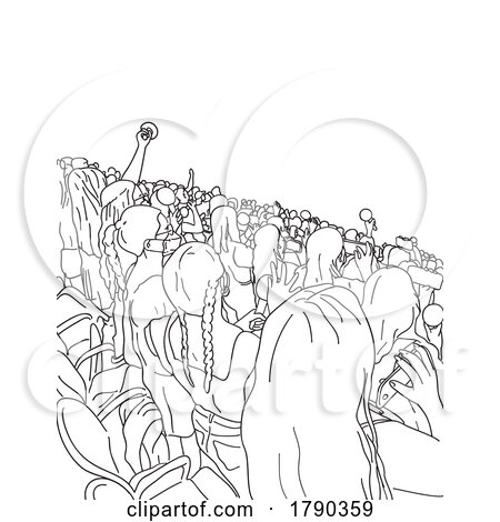 Crowd of People Watching Concert Holding Mobile Phones Mono Line Drawing Black and White by patrimonio