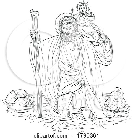 Saint Christopher Carrying Child Jesus Crossing River Medieval Style Line Art Drawing by patrimonio