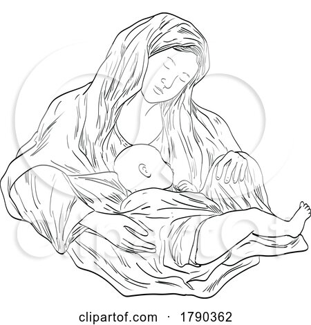 Madonna and the Baby Child Jesus Medieval Style Line Art Drawing by patrimonio