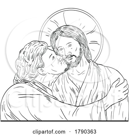 Judas Iscariot Betrayal of Jesus Medieval Style Line Art Drawing by patrimonio