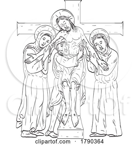 Jesus Taken down from Cross with Mary John the Apostle and Joseph of Arimathea Medieval Style Line Art Drawing by patrimonio