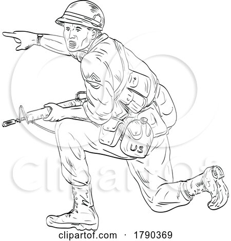 American Vietnam War Soldier with Rifle Kneeling Pointing Medieval Style Line Art Drawing by patrimonio