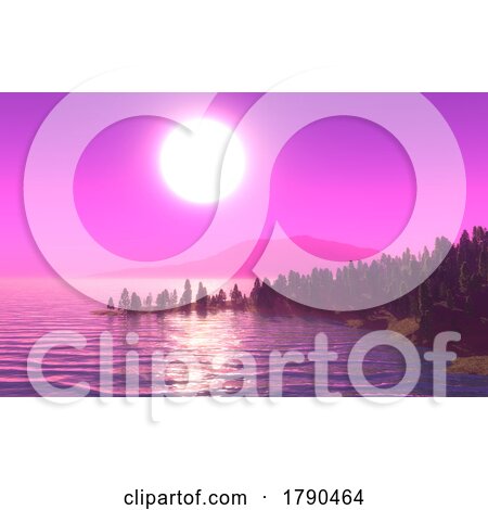 3D Landscape with Island of Trees Against a Pink Sunset Sky by KJ Pargeter