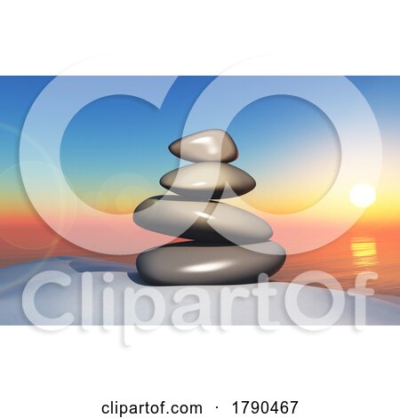 3D Zen Landscape with a Stack of Pebbles in Sand Against a Sunset Sky by KJ Pargeter