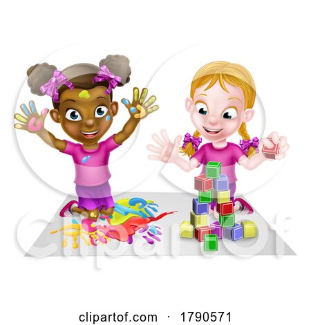 Cartoon Girls Playing with Paint and Blocks by AtStockIllustration